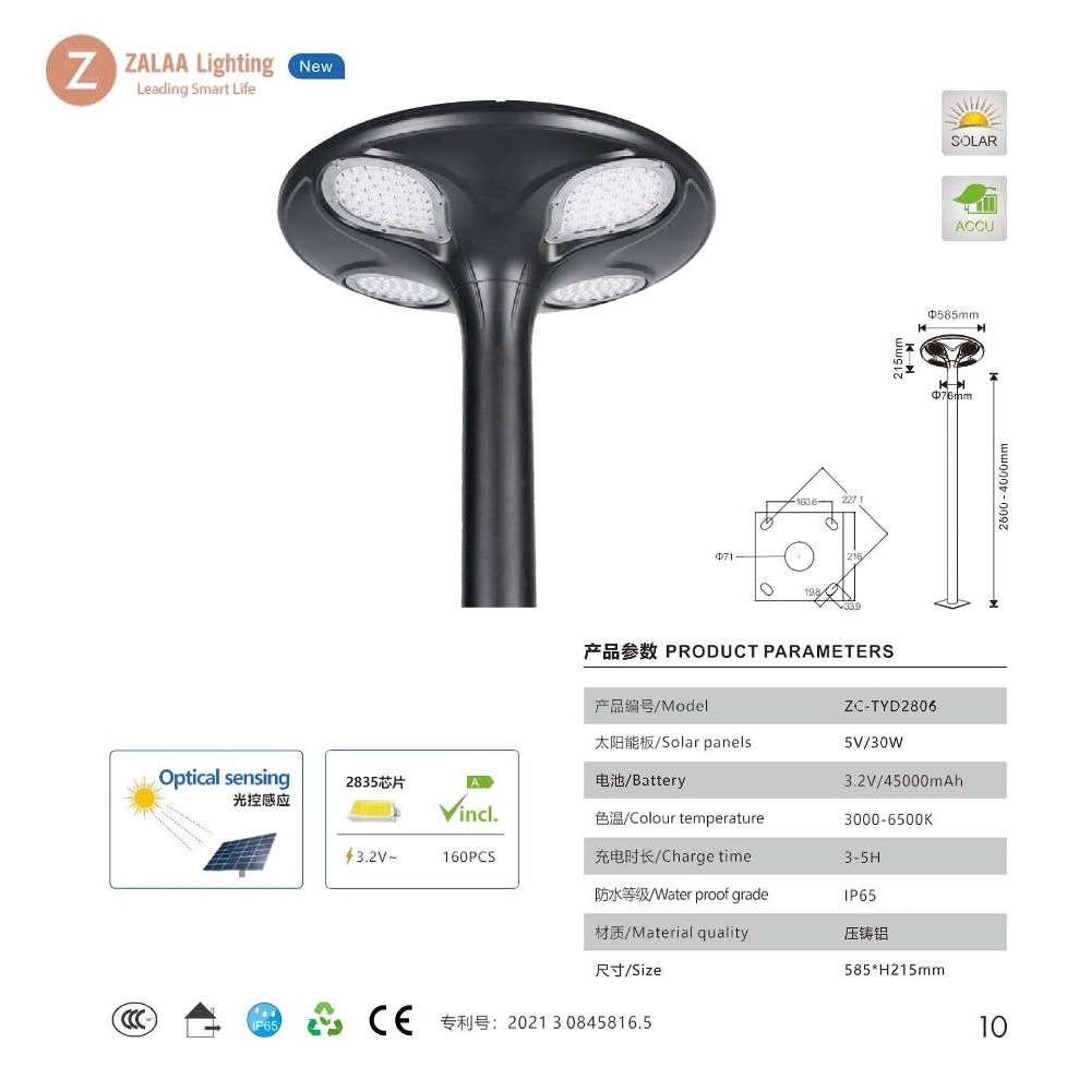 Đèn Sân Vườn Hiện Đại Năng Lượng Mặt Trời ZG-TYD2806 30W ZALAA Cho cột cao 3-5m