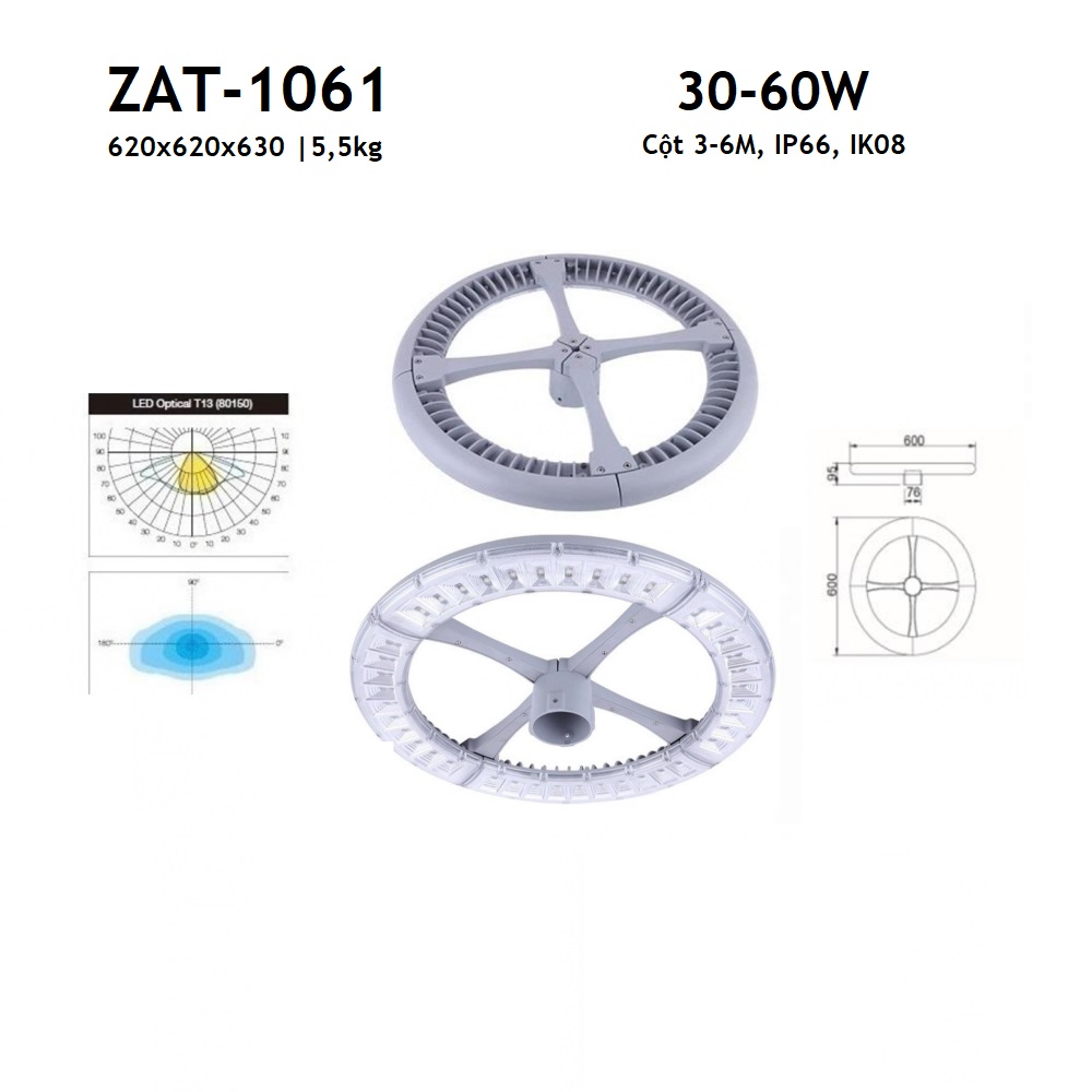 Đèn LED Chiếu Sáng Cảnh Quan Công Viên ZAT-1061 - Phù Hợp Cột Từ 3-6M với Công suất Từ 30W đến 60W