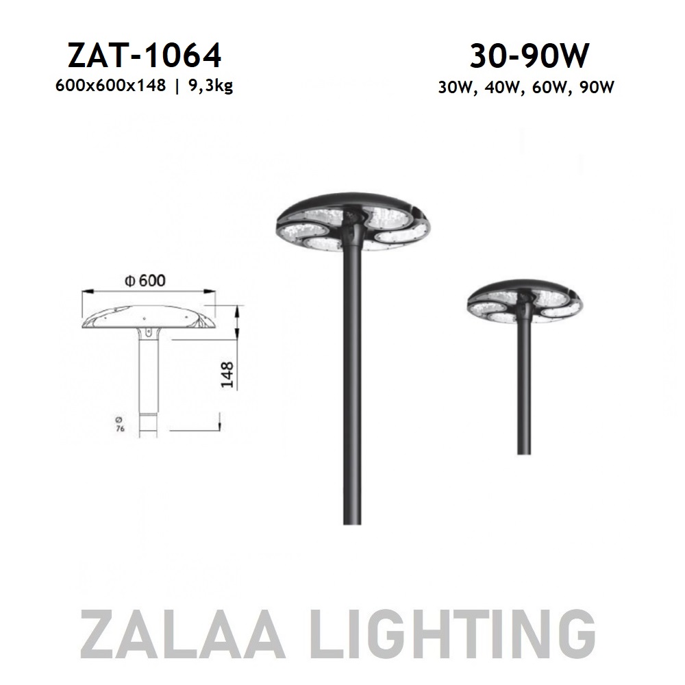 Đèn LED Chiếu Sáng Cảnh Quan Công Viên ZAT-1064 - Phù Hợp Cột Từ 3-6M với Công suất Từ 30W đến 90W