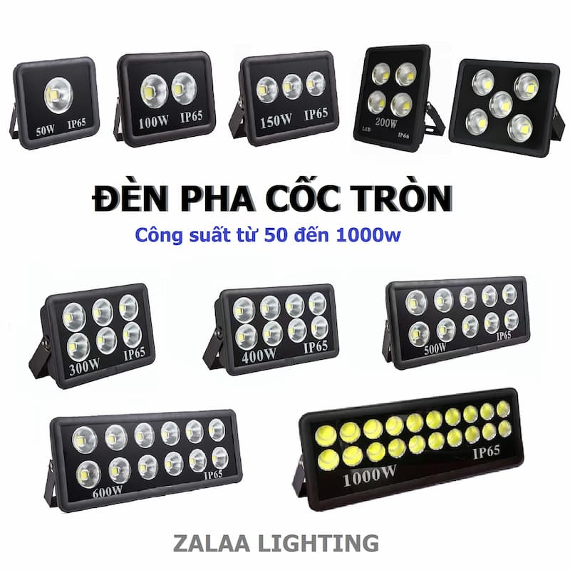 Đèn Pha LED Tròn Cốc Chiếu Sâu IP65 Chiếu Sáng Ngoài Trời từ 50W đến 1000W