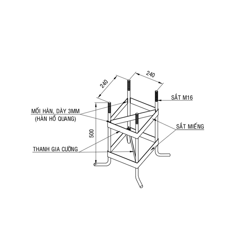 Khung Móng Cột Đèn M16 Kích Thước 240x240x500mm - Hệ Thống Neo Giữ Trụ Đèn Chiếu Sáng & Camera - ZALAA OEM
