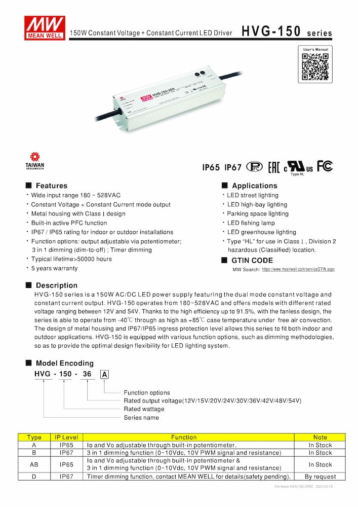 Nguồn Meanwell HVG-150 | LED Driver sử dụng cho Đèn LED ngoài trời từ 150W