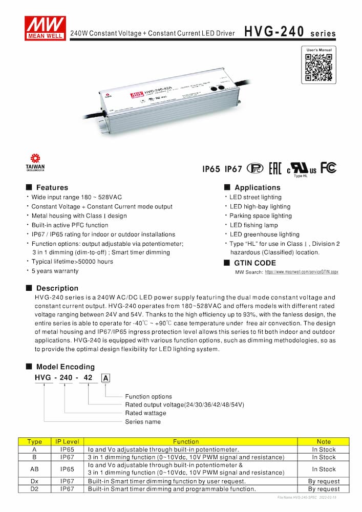Nguồn Meanwell HVG-240 | LED Driver sử dụng cho Đèn LED công suất từ 240W