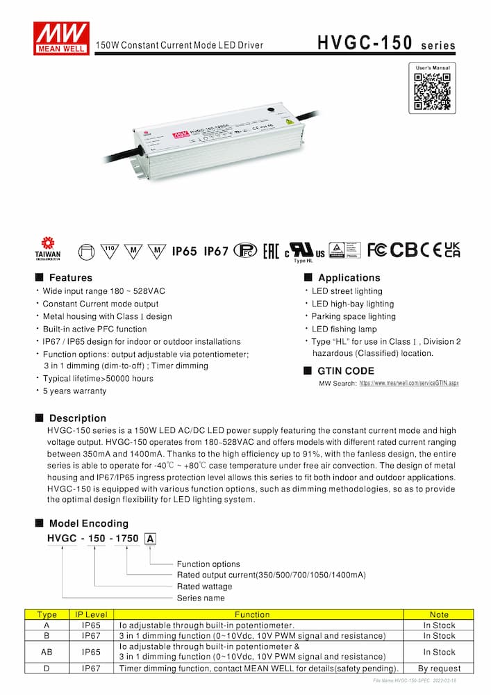 Nguồn Meanwell HVGC-150 | LED Driver sử dụng cho Đèn LED ngoài trời từ 150W