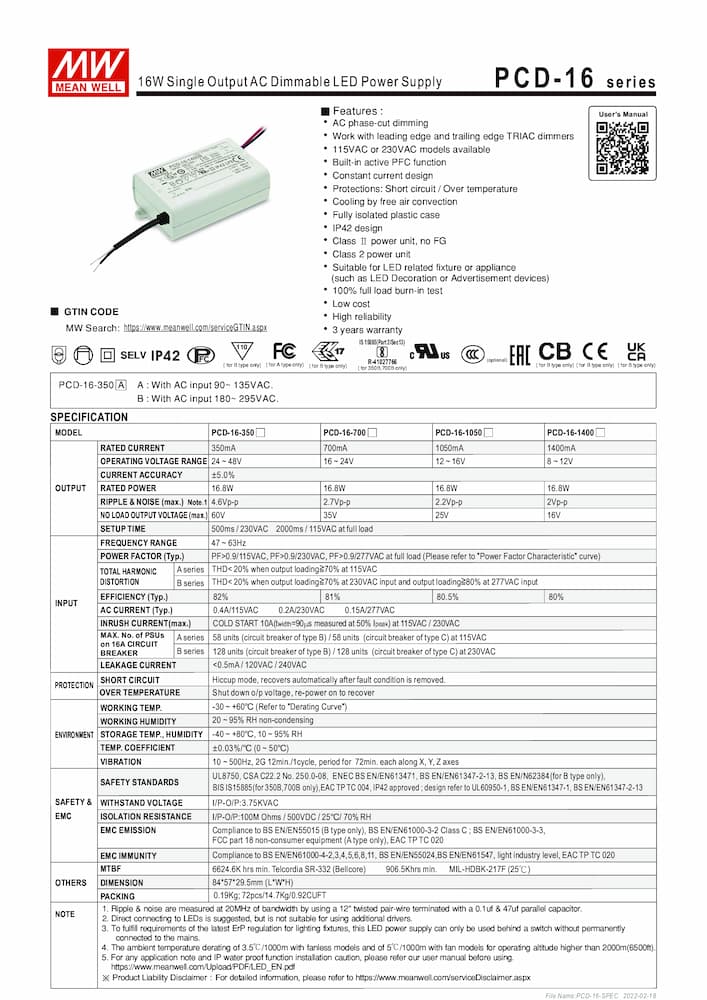 Nguồn Meanwell PCD-16 - LED Driver sử dụng cho Đèn chiếu sáng trong nhà