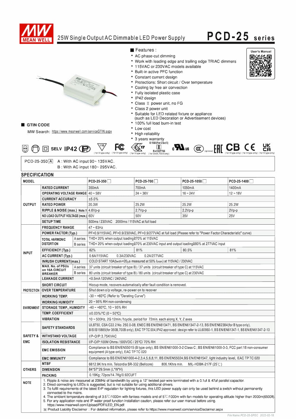 Nguồn Meanwell PCD-25 - LED Driver sử dụng cho Đèn chiếu sáng trong nhà