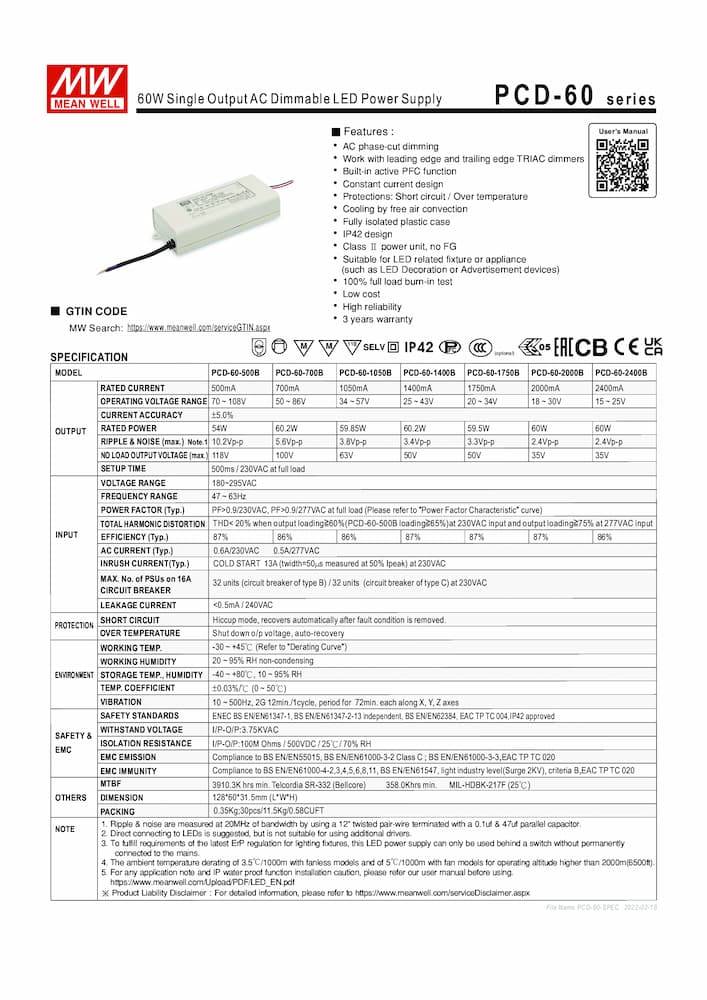Nguồn Meanwell PCD-60 - LED Driver sử dụng cho Đèn chiếu sáng trong nhà