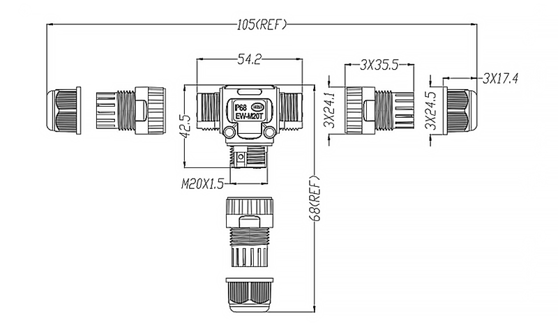 Đầu Nối Điện Chữ T Chia 3 Cổng M20T-3P Chống nước, Ngoài trời IP68 - Linh kiện đèn led Zalaa