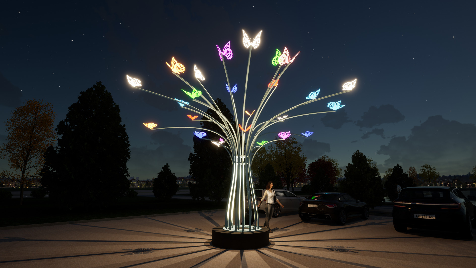 Trụ Cột và Đèn ZALAA Mô Phỏng Cây 3D với chùm 25 tay đèn gắn con bướm đầu cành cao 6m