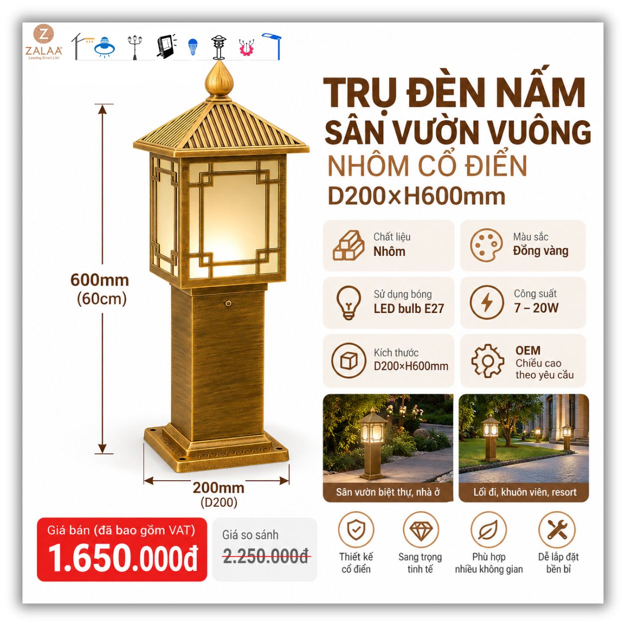 Trụ đèn nấm sân vườn vuông nhôm cổ điển D200×H600mm – ZALAA