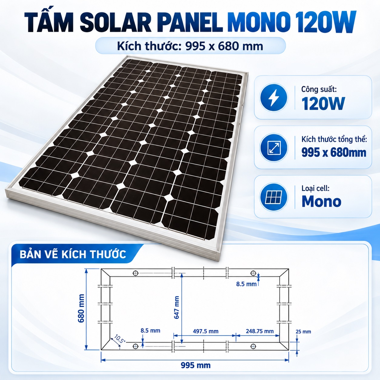 Tấm Solar Panel Mono 120W 995x680mm