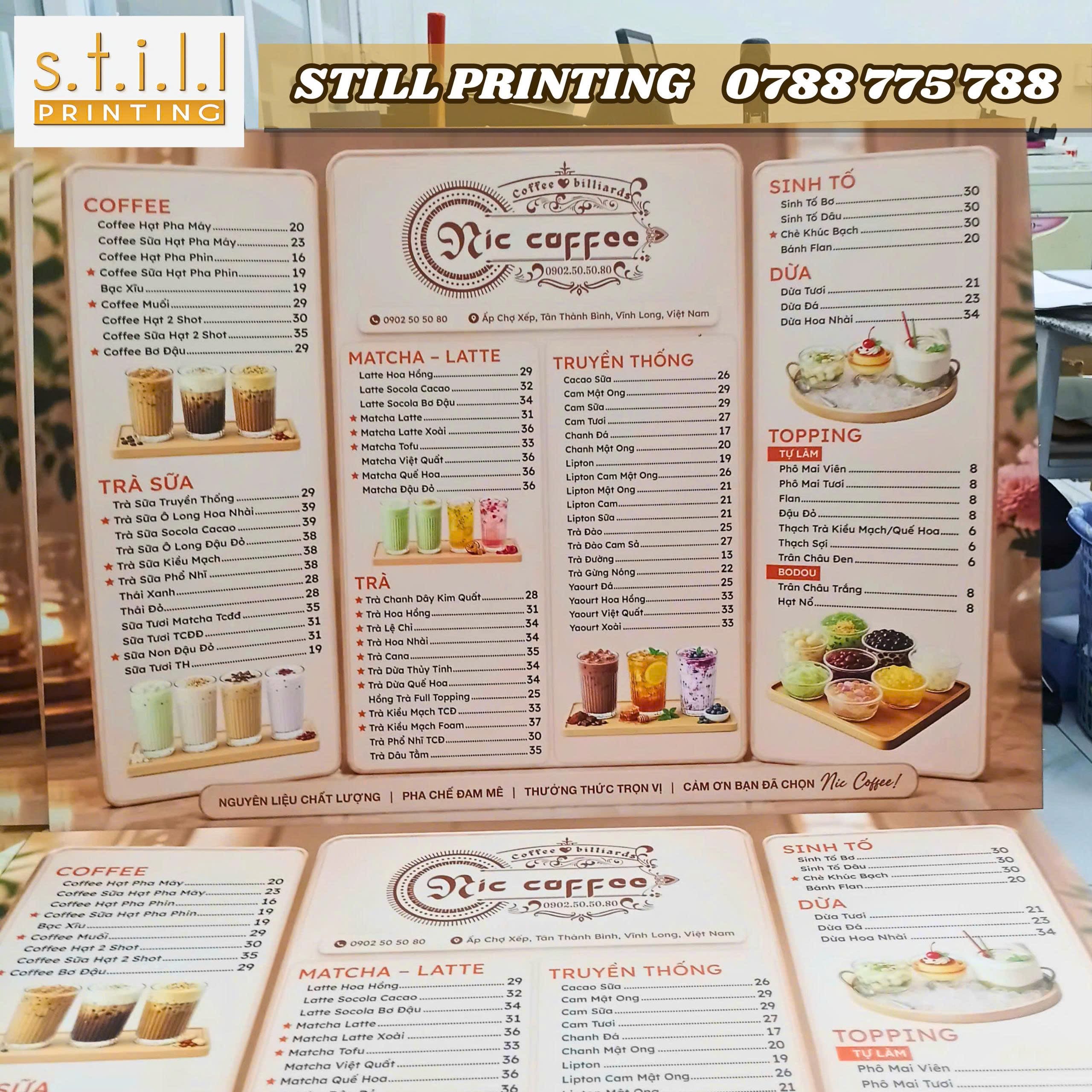 In menu Formex cán màng mờ khổ A3 cho quán cà phê, trà sữa, quán ăn tại Bến Tre – Vĩnh Long