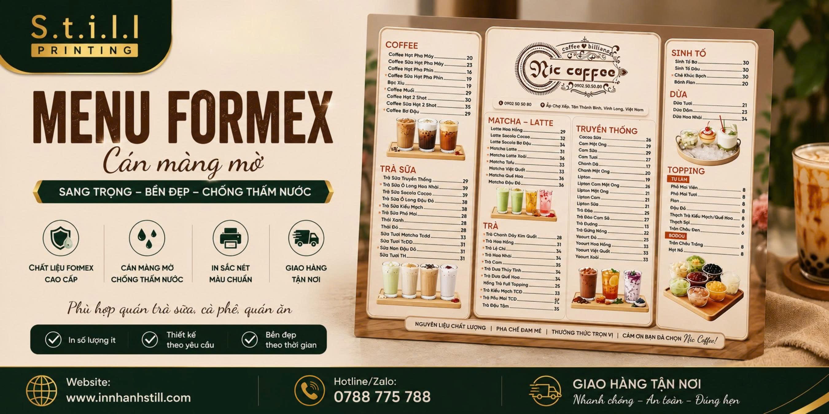 Trọn gói in ấn – Thiết kế menu Formex cán màng mờ cho quán cafe, trà sữa, quán ăn tại Bến Tre – Vĩnh Long