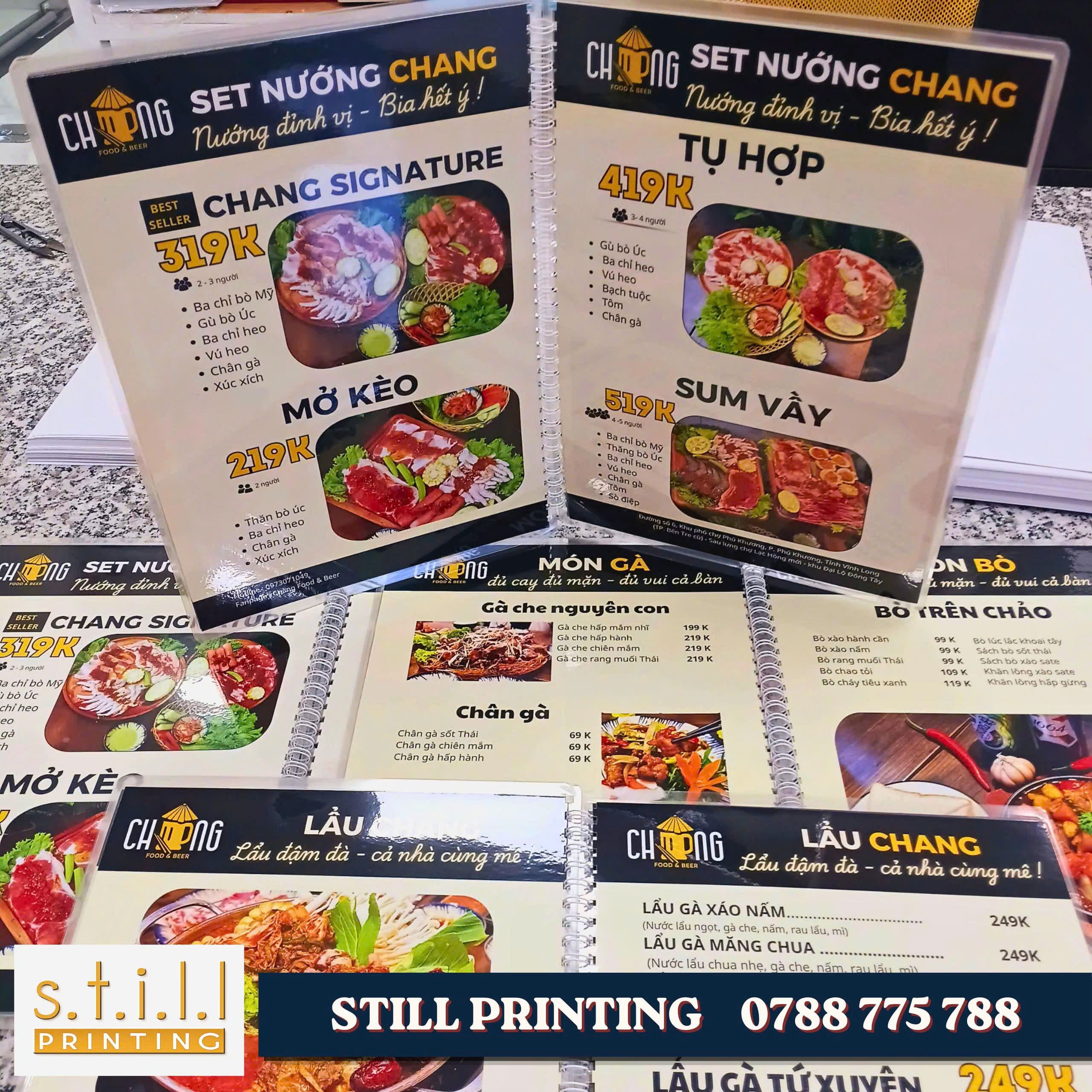 In menu dạng quyển đóng lò xo ép nhựa tại Bến Tre