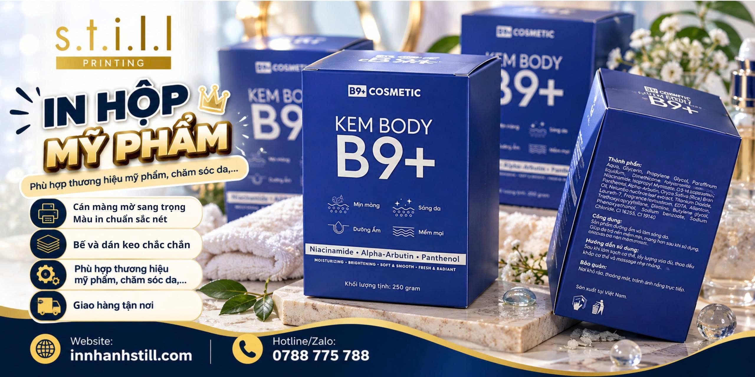 Mẫu hộp giấy mỹ phẩm kích thước 8,8 × 8,8 × 13,5 cm tại Still Printing. 1
