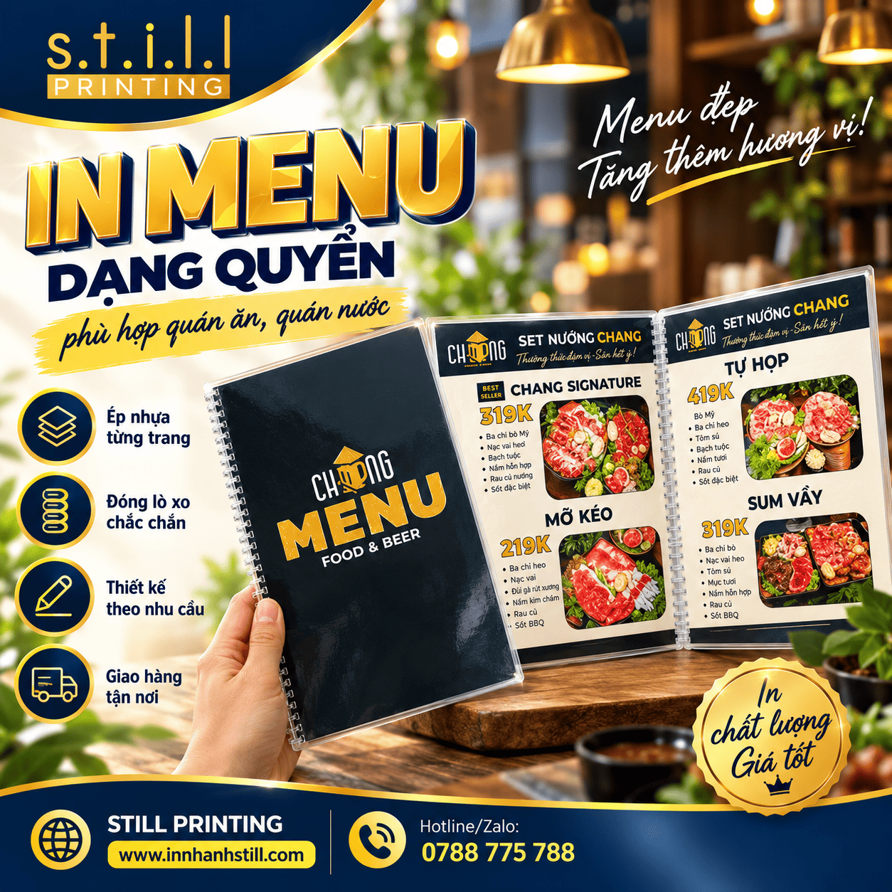 Menu ép nhựa dạng quyển đóng lò xo là lựa chọn phù hợp cho những mô hình kinh doanh cần sử dụng menu thường xuyên như nhà hàng, quán ăn, cà phê, trà sữa và các cơ sở dịch vụ. Các trang menu được in, ép nhựa để tăng khả năng bảo vệ bề mặt, sau đó đục lỗ và đóng lò xo thành quyển, thuận tiện khi cầm, lật và sử dụng trong thời gian dài.