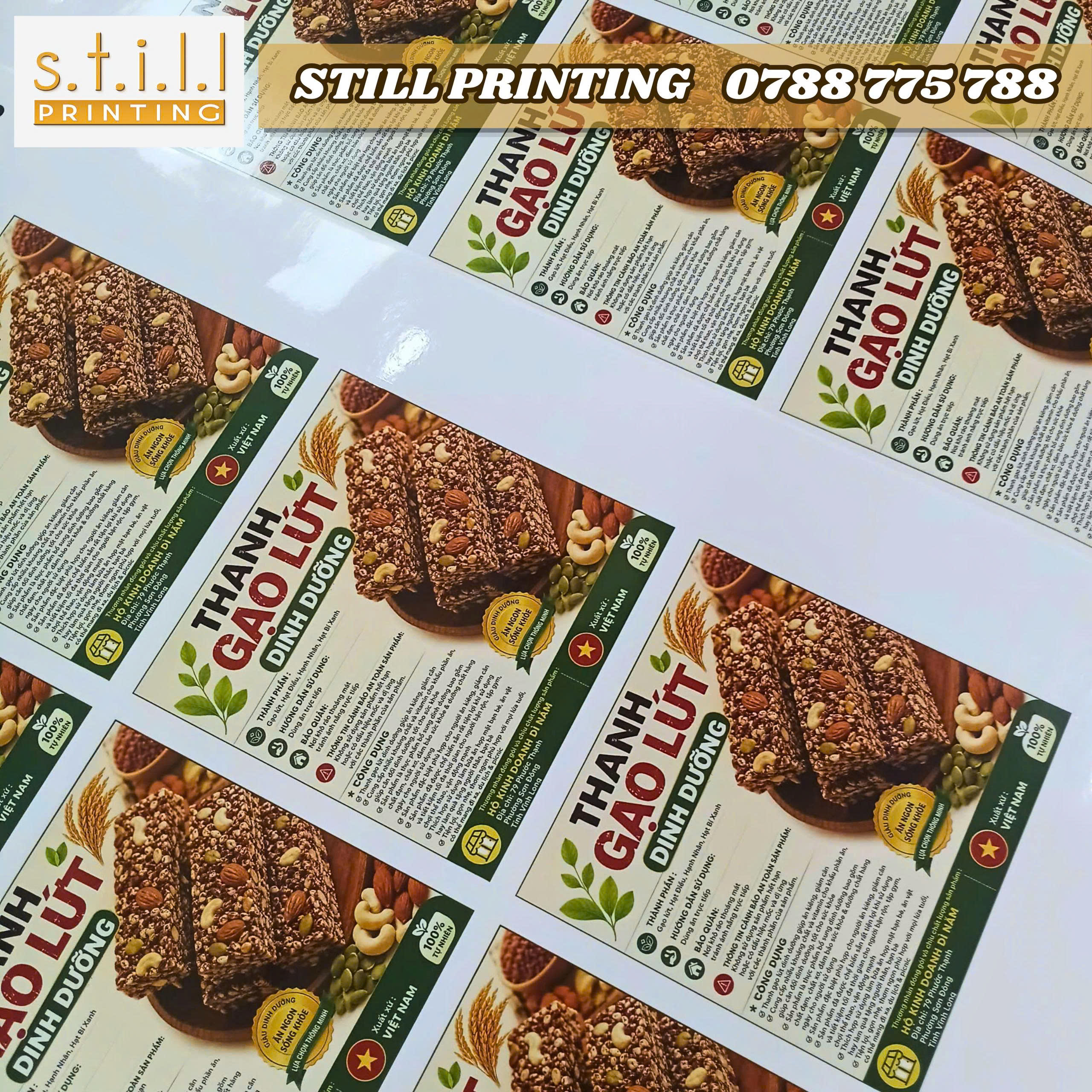 In Tem Decal Hình Vuông Cán Màng Bóng – Mẫu Thanh Gạo Lứt Dinh Dưỡng
