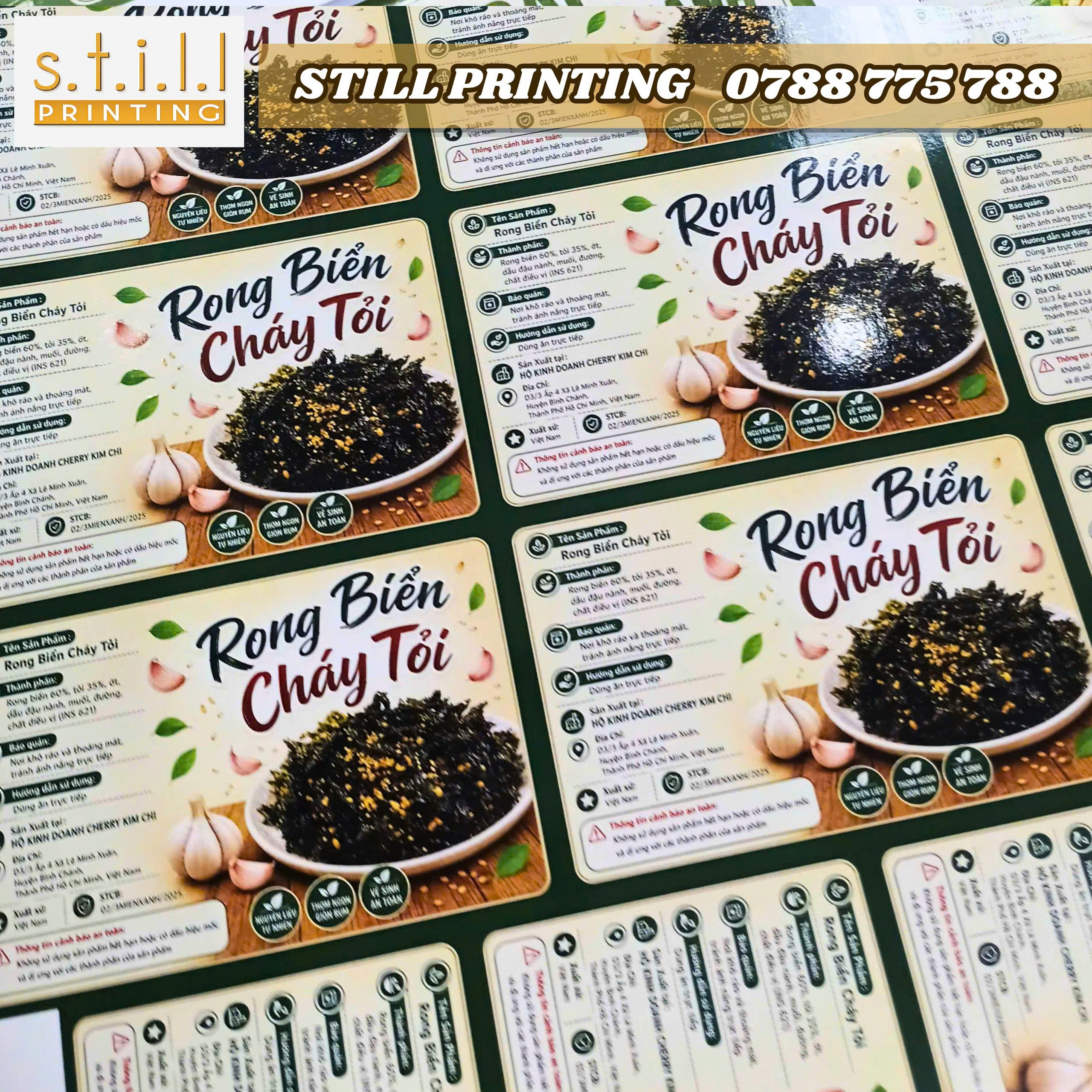In nhanh tem nhãn thực phẩm tại Bến Tre, hỗ trợ thiết kế, xử lý file, cán màng bóng, in sắc nét, số lượng linh hoạt, giá hợp lý. Liên hệ Still Printing: 0788 775 788.