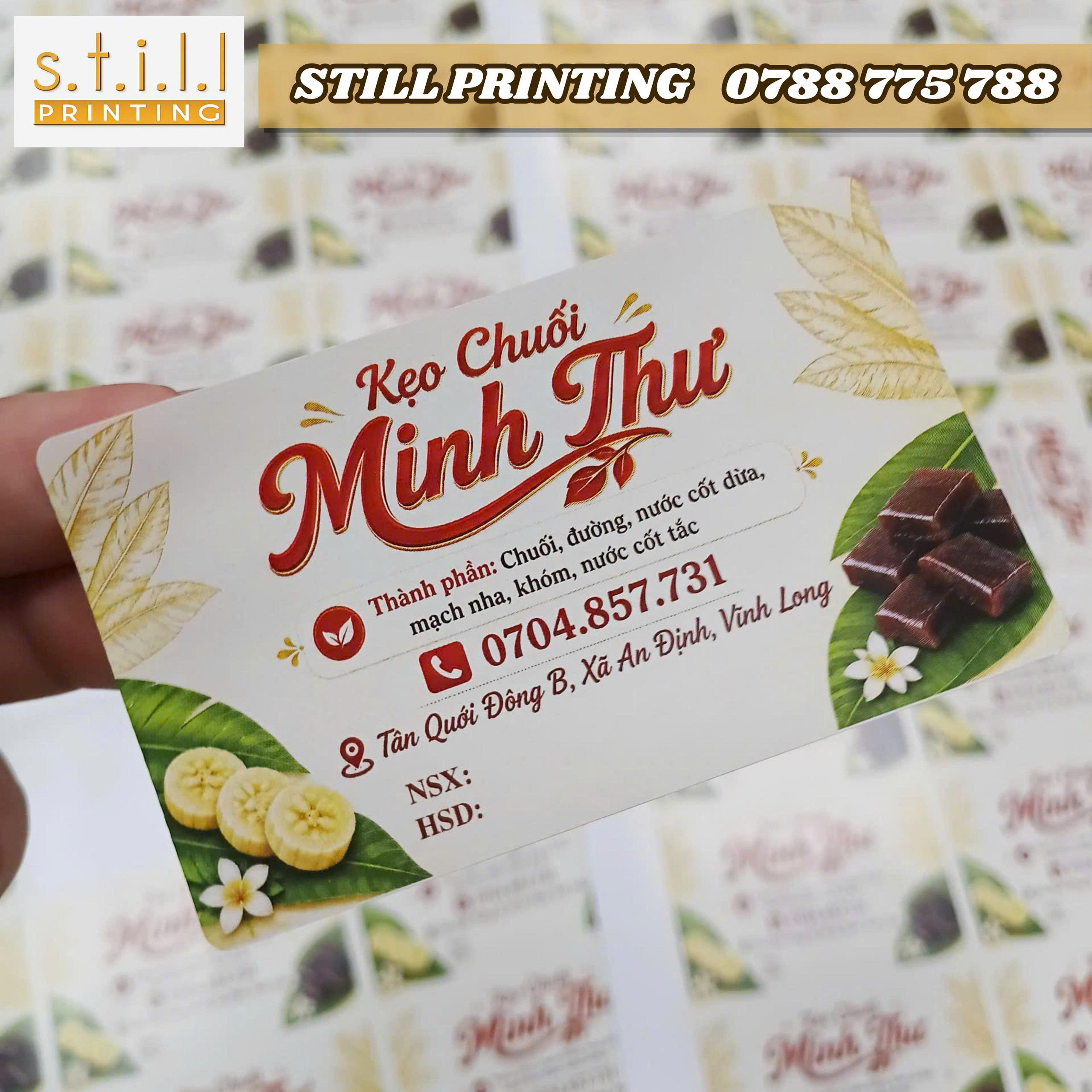 In mẫu tem decal giấy đơn giản giá rẻ cho sản phẩm bánh kẹo tại Still Printing