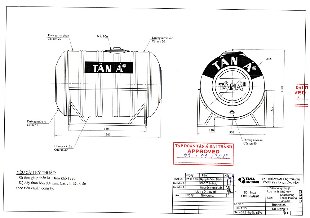 Bảng kích thước chân bồn nước inox 1000l Tân Á chi tiết nhất