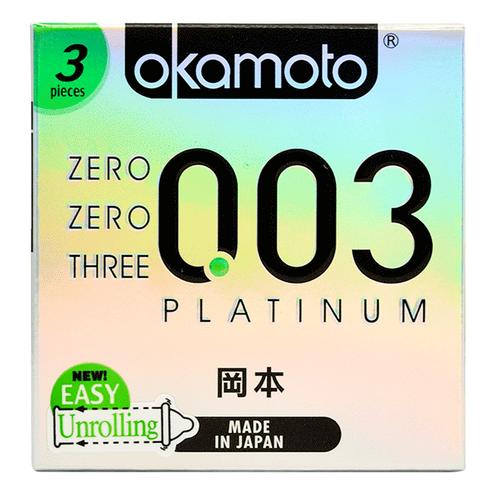 Bao cao su Okamoto 0.03 Platinum. Bao cao su mỏng tinh khiết không mùi