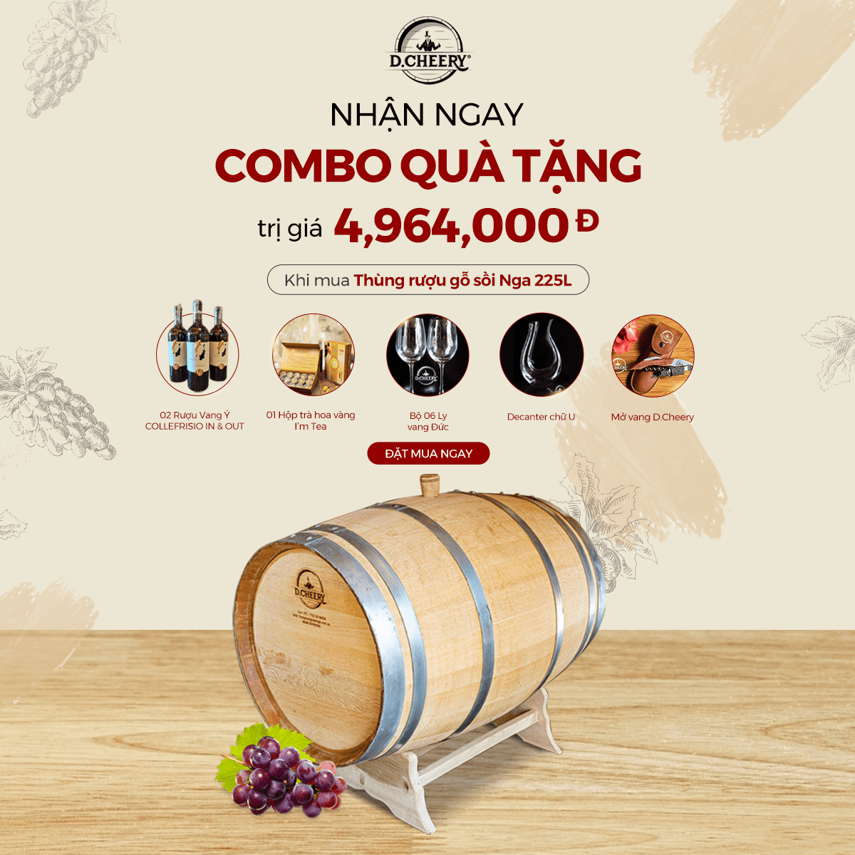 MUA THÙNG RƯỢU 225L - NHẬN NGAY COMBO QUÀ TẶNG TRỊ GIÁ 4,964,000Đ