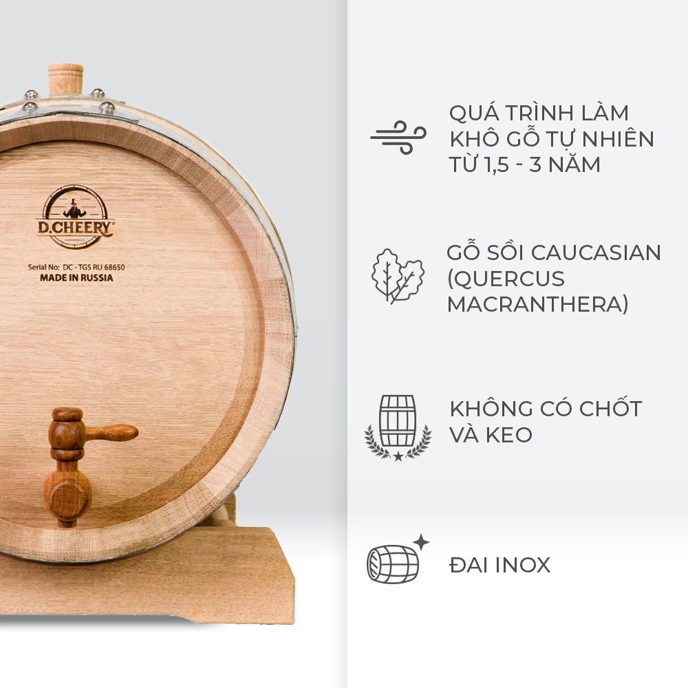 Thùng Gỗ Sồi Nhập Khẩu D.CHEERY 20L - Quà tặng thùng 225L NK