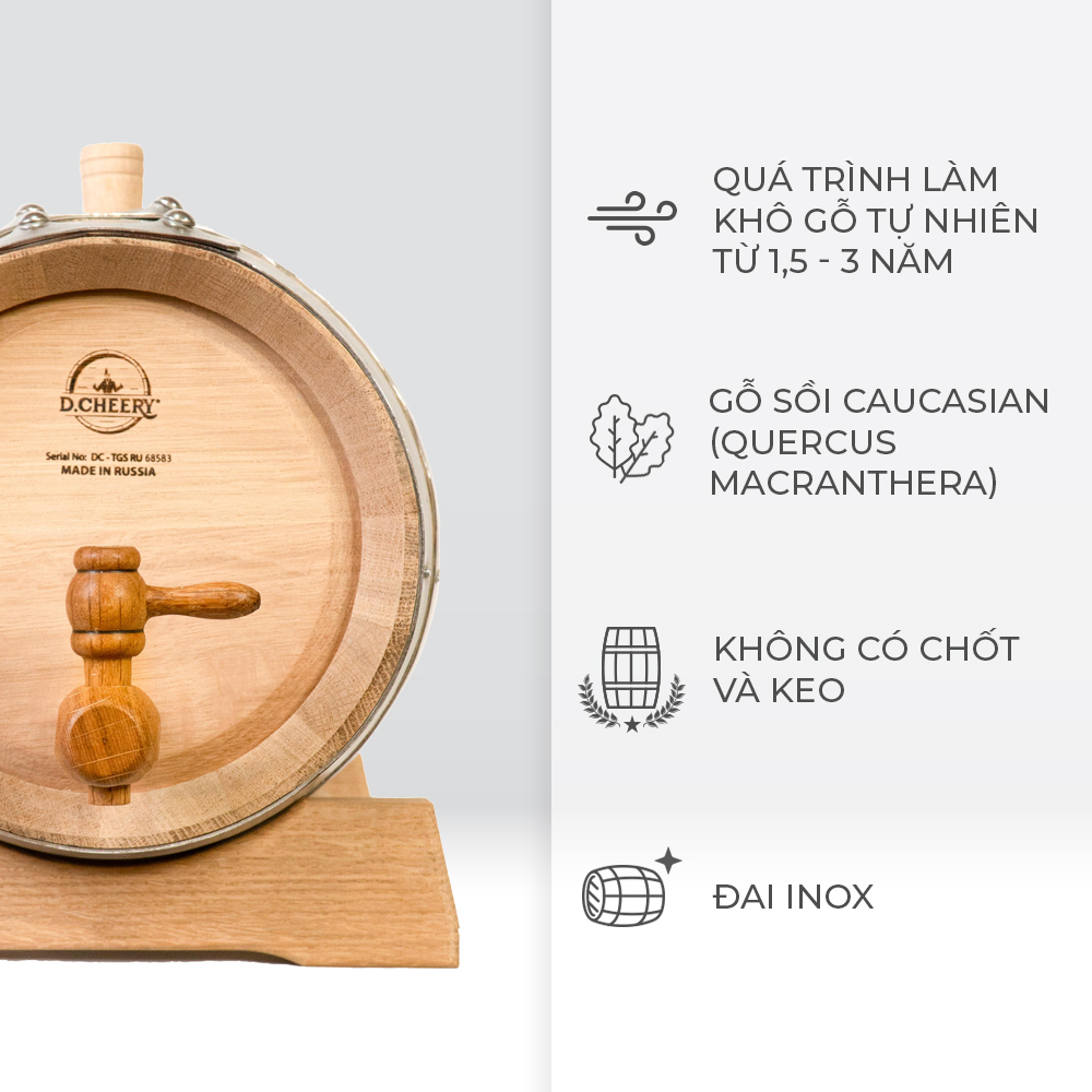 Thùng Gỗ Sồi Nhập Khẩu D.CHEERY 5L - Quà tặng thùng 100L NK