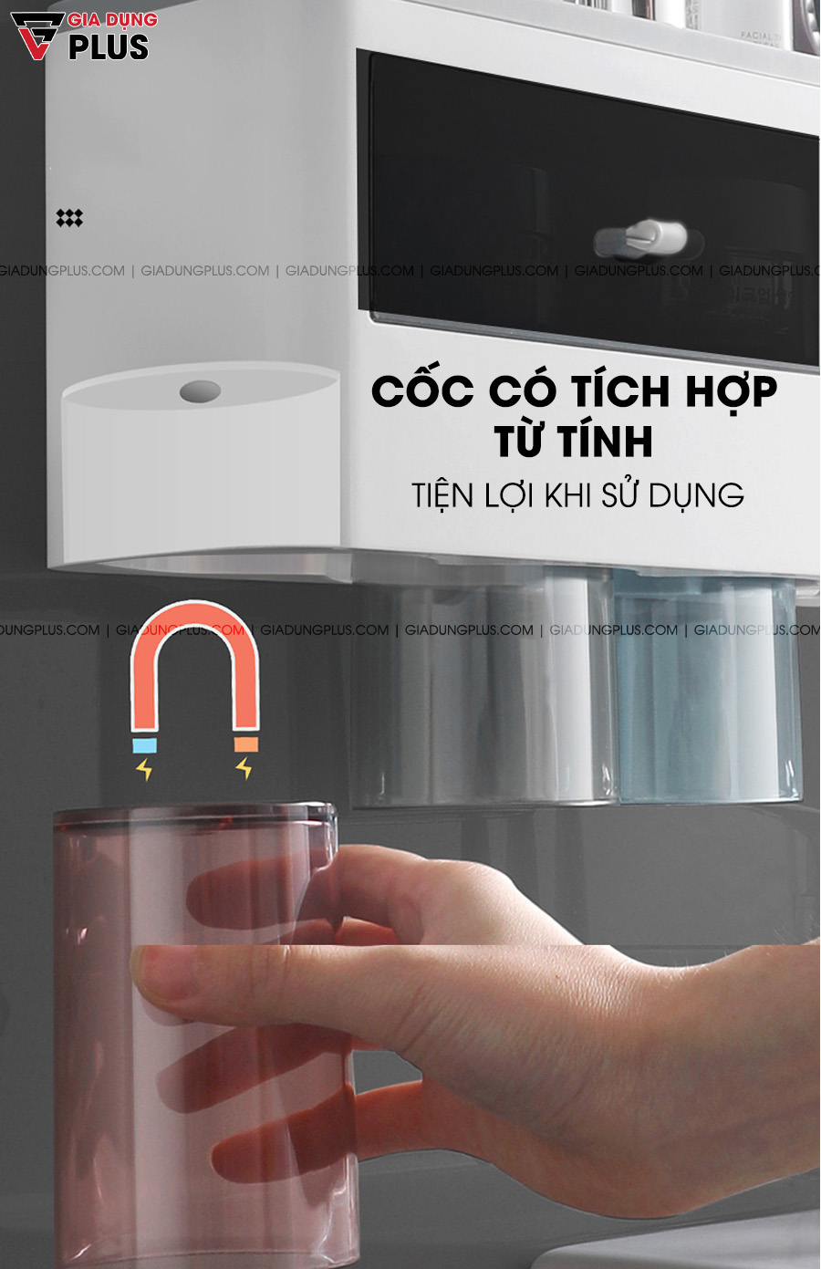 Cốc có tích hợp từ tính trong Kệ đa năng & Bộ nhả kem đánh răng kèm cốc dán tường