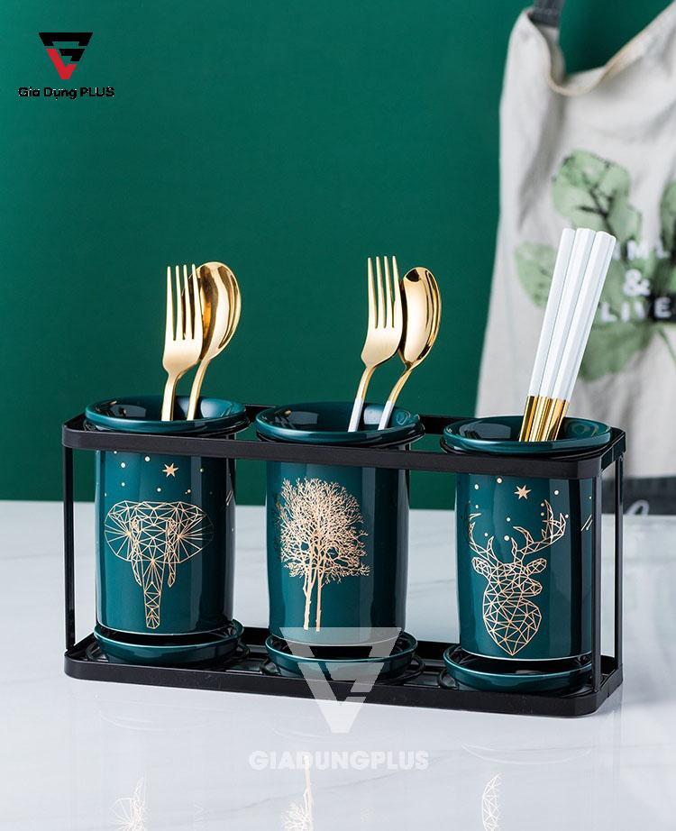 Bộ Ba Ống Đựng Đũa, Thìa Bằng Sứ Màu Xanh Ngọc Lục Bảo Đặt Bàn Cho Nhà Hàng, Phòng Bếp Sang Trọng & Cao Cấp | Qianhuiju