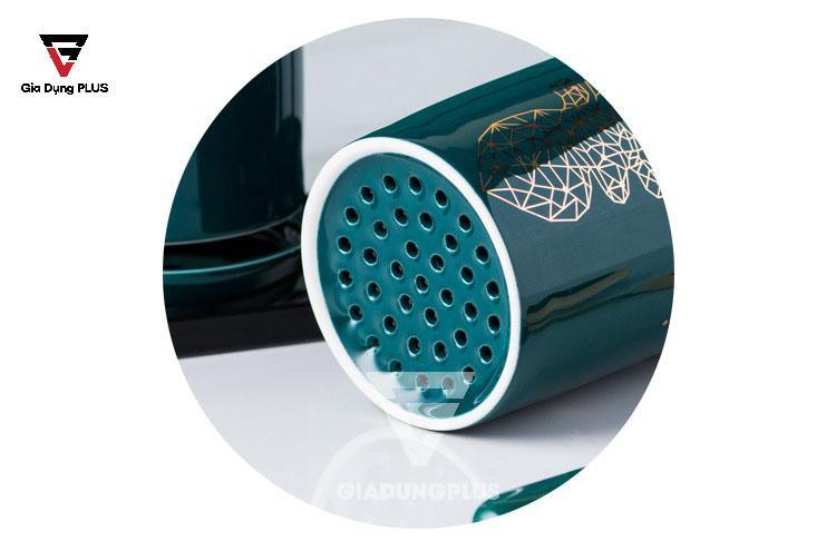 Bộ Ba Ống Đựng Đũa, Thìa Bằng Sứ Màu Xanh Ngọc Lục Bảo Đặt Bàn Cho Nhà Hàng, Phòng Bếp Sang Trọng & Cao Cấp | Ống đũa có lỗ thoát nước 