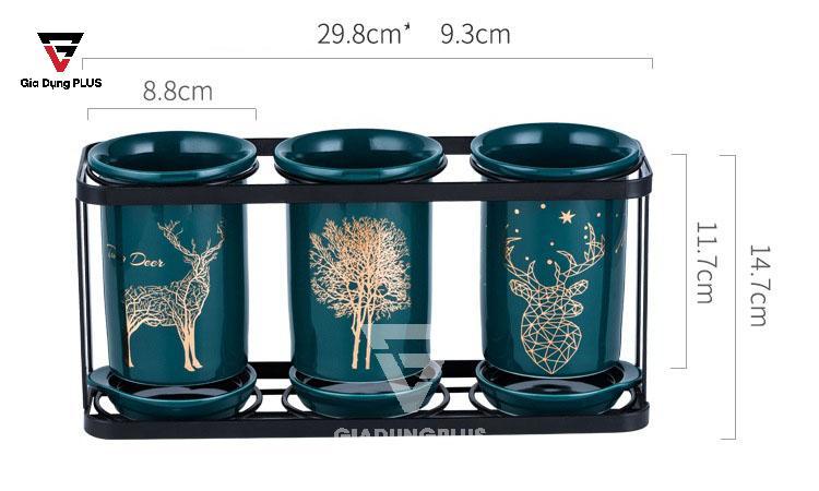 Bộ Ba Ống Đựng Đũa, Thìa Bằng Sứ Màu Xanh Ngọc Lục Bảo Đặt Bàn Cho Nhà Hàng, Phòng Bếp Sang Trọng & Cao Cấp |  Kích thước của bộ sản phẩm