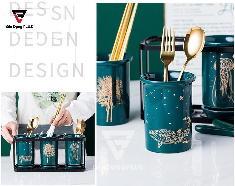 Bộ Ba Ống Đựng Đũa, Thìa Bằng Sứ Màu Xanh Ngọc Lục Bảo Đặt Bàn Cho Nhà Hàng, Phòng Bếp Sang Trọng & Cao Cấp |  Thiết kế tiện lợi và thông minh cho người dùng