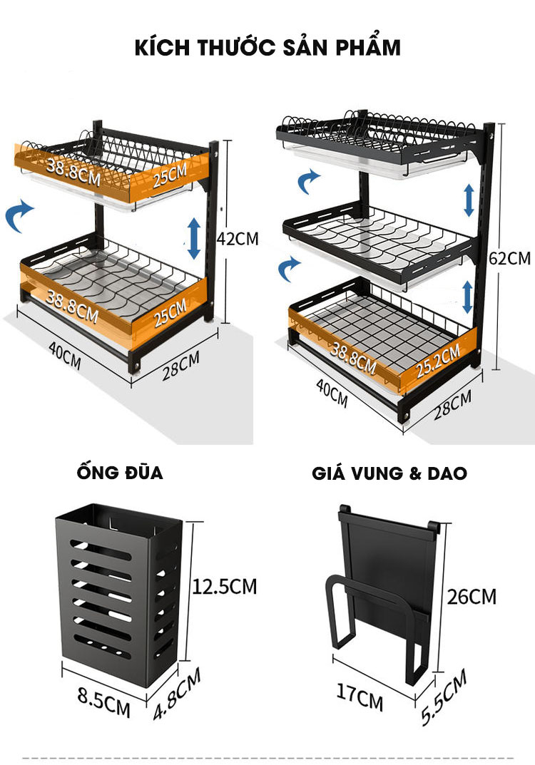 Kệ úp chén bát đĩa & ly cốc đặt bàn bằng INOX Tiggang | Kích thước của kệ và phụ kiện