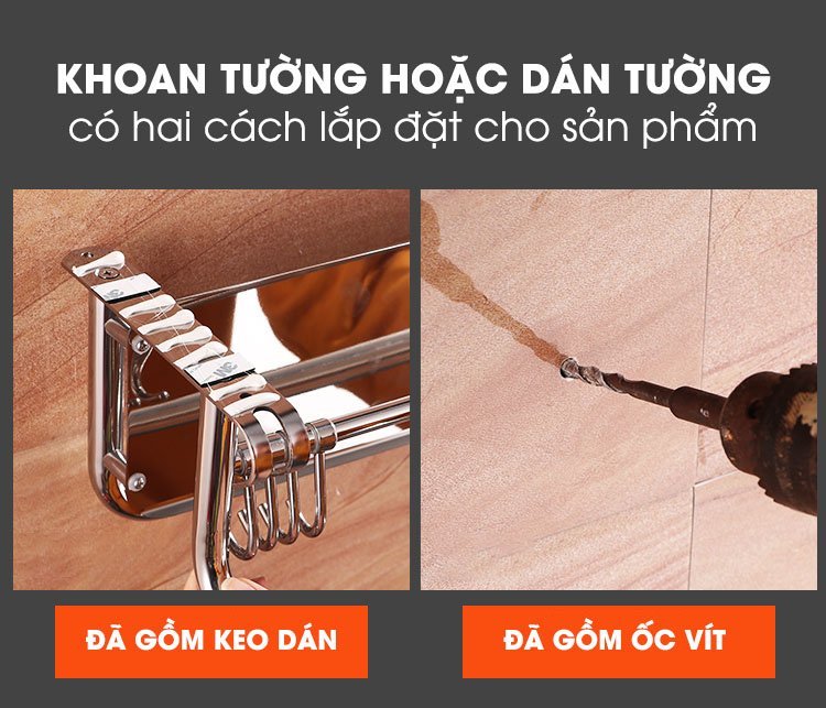 Giá để khăn tắm, khăn mặt inox 304 dán tường cao cấp | Có 2 cách lắp đặt, đều đã kèm phụ kiện đi kèm