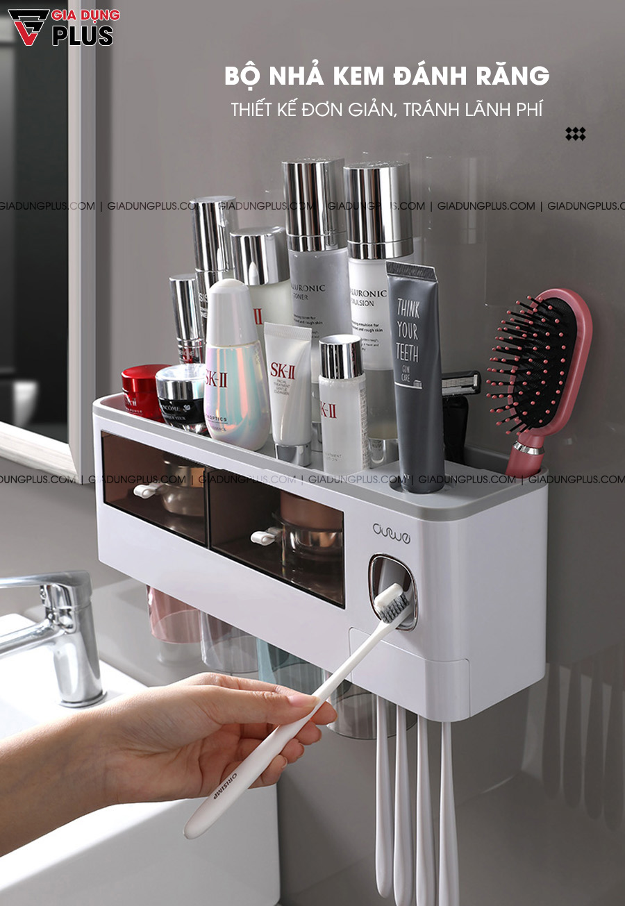 Kệ đa năng & Bộ nhả kem đánh răng kèm cốc dán tường kèm bộ nhả kem tránh lãng phí