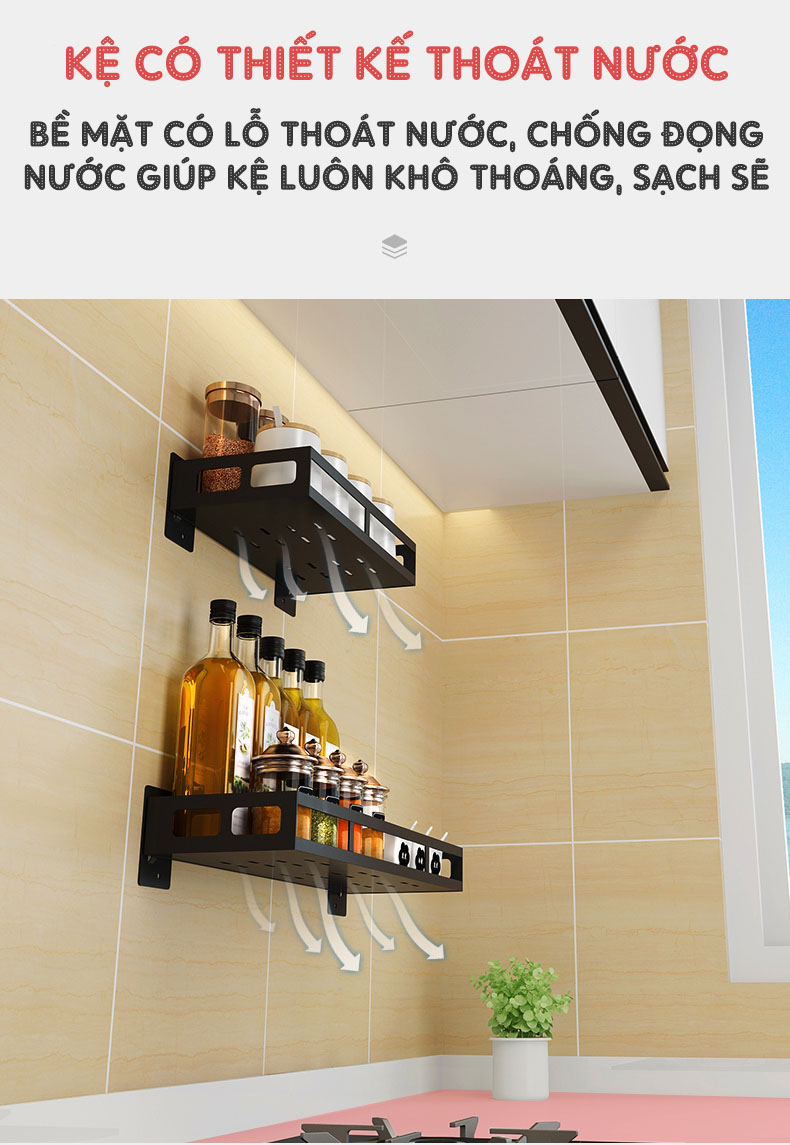 Kệ đựng gia vị, chai lọ treo tường (dán tường) thông minh INOX 304 | Bên dưới có lỗ thoát nước, chống đọng nước