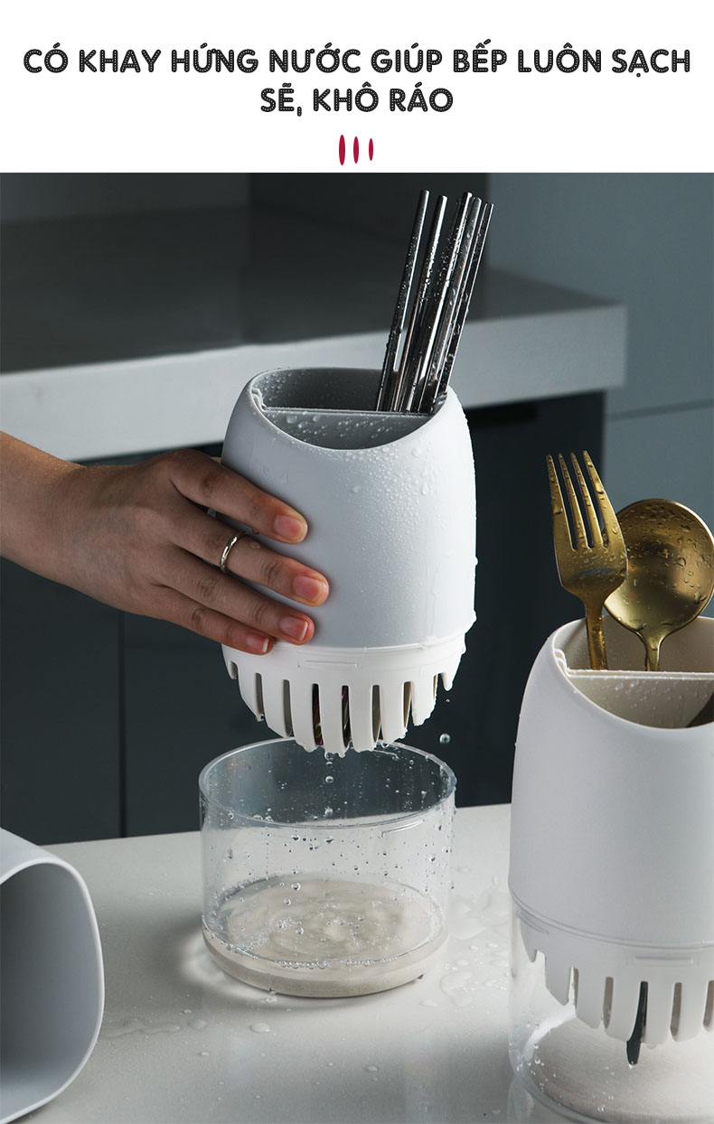 Ống Đựng Đũa Bắc Âu Đặt Bàn Nhựa PP Cao Cấp Jianxia | Có khay hứng nước bên dưới, giúp bếp luôn khô thoáng