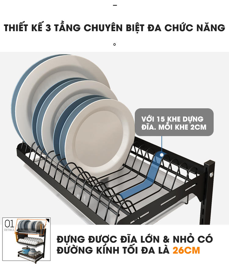 Kệ úp chén bát đĩa & ly cốc đặt bàn bằng INOX Tiggang | Phần kệ úp đĩa, đựng đĩa với đường kính dưới 26cm