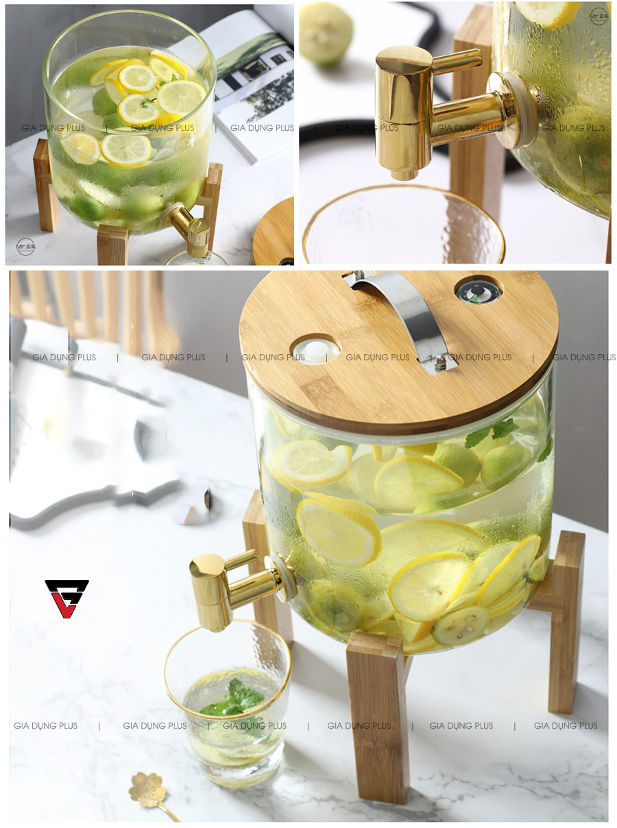 Dùng bình để uống nước chanh, giải khát là sự lựa chọn tuyệt vời cho mùa hè  | Bình đựng nước giải khát thuỷ tinh borosilicate kệ gỗ, nắp gỗ dung tích 5lít 8lít 11lít PL0689