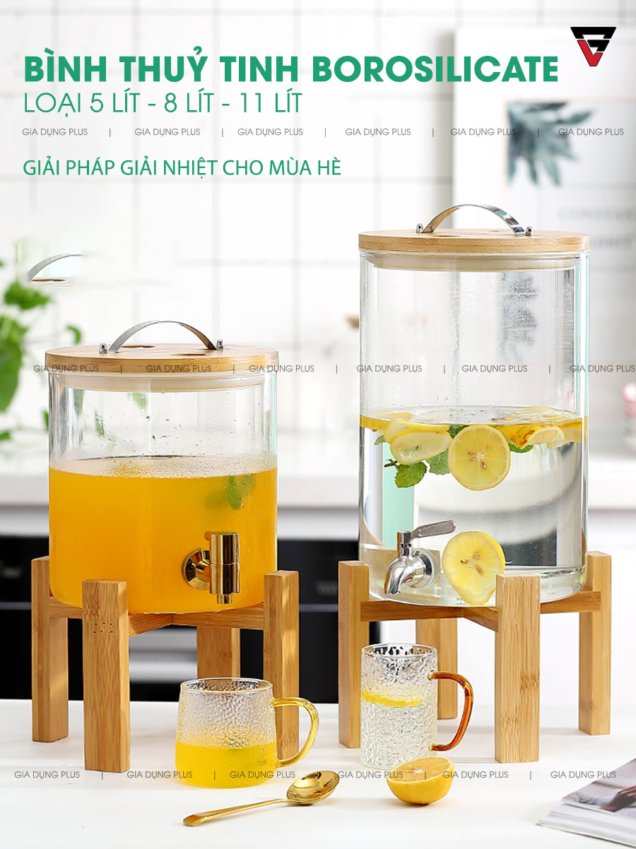 Bình Thuỷ Tinh Borosilicate Đựng Nước Giải Khát, Nước Rượu Đa Năng Nắp & Kệ Gỗ - Có Vòi Rót & Đồng Hồ Đo Áp Suất Thông Minh