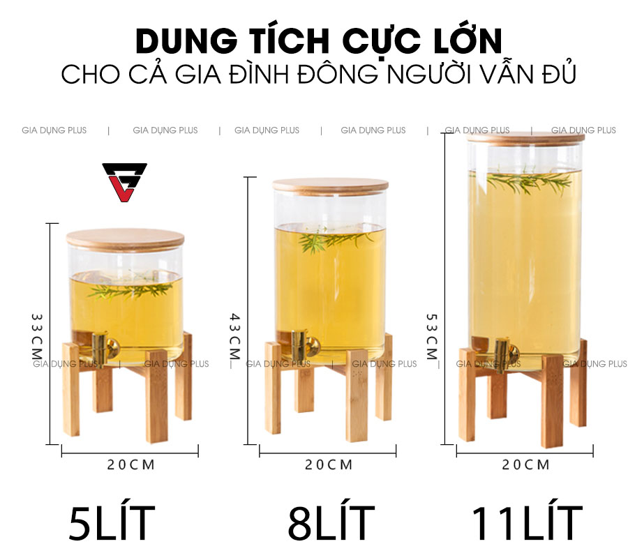 Kích thước và dung tích của 3 phân loại  | Bình đựng nước giải khát thuỷ tinh borosilicate kệ gỗ, nắp gỗ dung tích 5lít 8lít 11lít PL0689