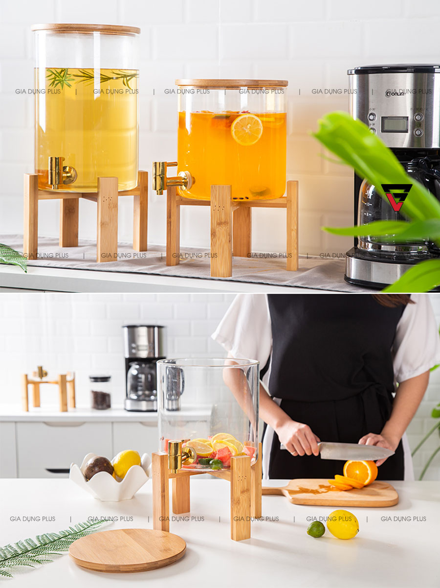 Có thể dùng để ngâm rượu, đựng rượu với vòi rót tiện lợi cho nhà bếp  | Bình đựng nước giải khát thuỷ tinh borosilicate kệ gỗ, nắp gỗ dung tích 5lít 8lít 11lít PL0689