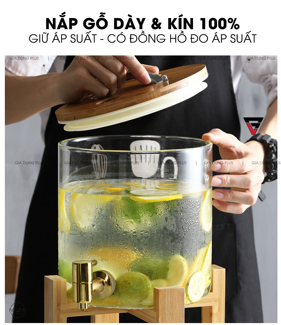 Nắp gỗ dày và kín 100%, giữ áp suất tốt, có đồng hồ đo áp suất  | Bình đựng nước giải khát thuỷ tinh borosilicate kệ gỗ, nắp gỗ dung tích 5lít 8lít 11lít PL0689