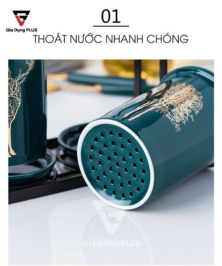 Bộ 2 ống đũa sứ xanh ngọc lục bảo Qianhuiju | Có phần thoát nước giúp đũa, muỗng khô ráo nhanh chóng