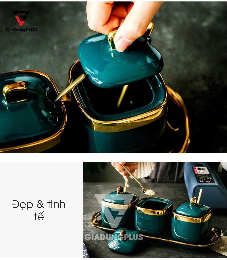 Bộ Ba Hũ Gia Vị Sứ Đặt Bàn Cao Cấp - Màu Xanh Ngọc Phỉ Thuý - Gốm Sứ Thủ Công | Baike