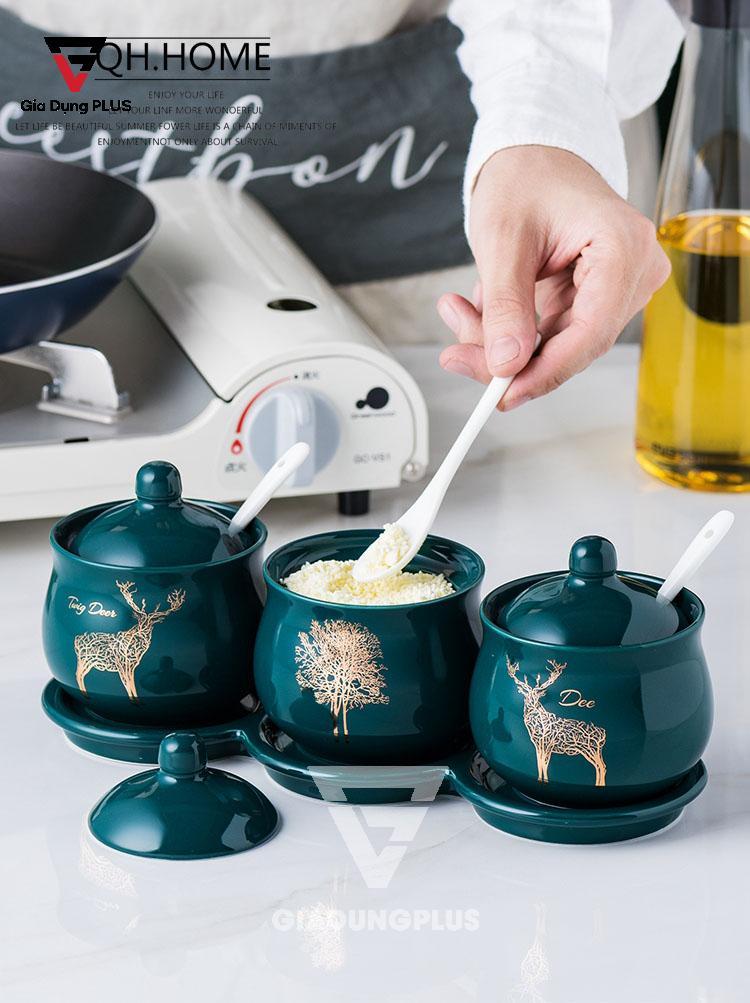 Bộ Ba Hộp Gia Vị Gốm Sang Trọng - Màu Ngọc Lục Bảo - Đặt Bàn & Treo Tường Cho Nhà Bếp | Cao cấp và nên sỡ hữu