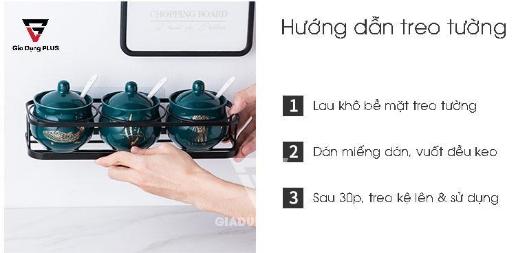 Bộ Ba Hộp Gia Vị Gốm Sang Trọng - Màu Ngọc Lục Bảo - Đặt Bàn & Treo Tường Cho Nhà Bếp | Hướng dẫn treo tường 3 bước