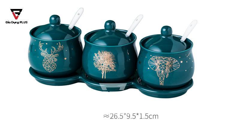 Bộ Ba Hộp Gia Vị Gốm Sang Trọng - Màu Ngọc Lục Bảo - Đặt Bàn & Treo Tường Cho Nhà Bếp | Kích thước sản phẩm