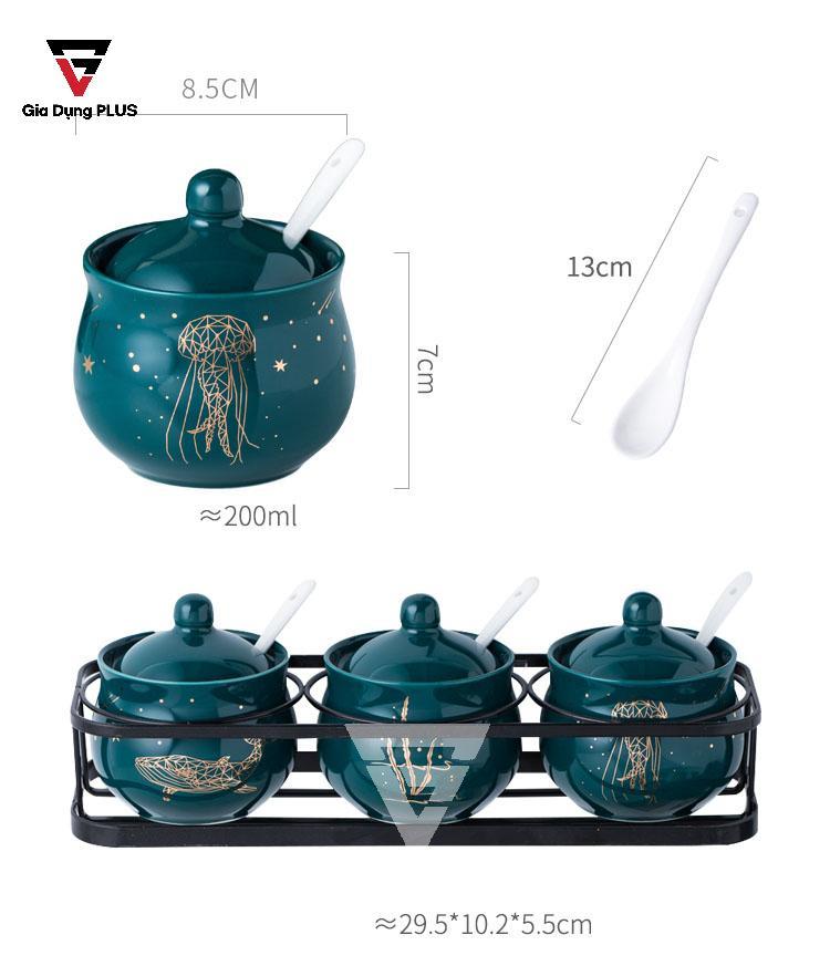 Bộ Ba Hộp Gia Vị Gốm Sang Trọng - Màu Ngọc Lục Bảo - Đặt Bàn & Treo Tường Cho Nhà Bếp | Kích thước sản phẩm